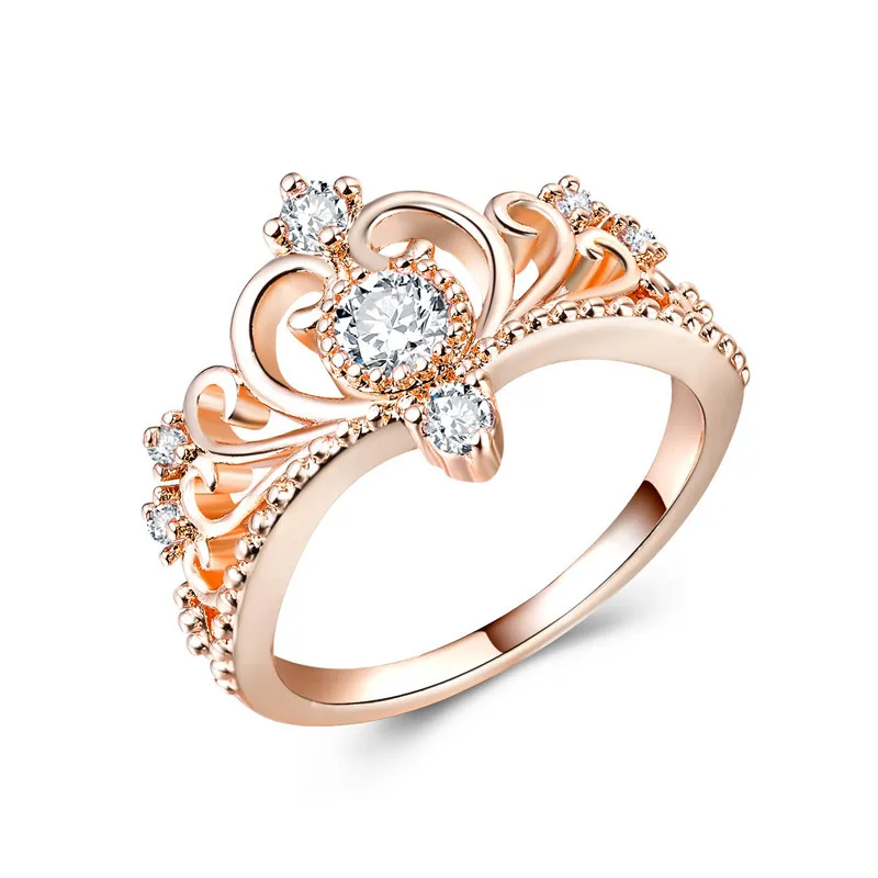 

Gorgeous Rose Gold Queen Crown Rings For Women Bright White CZ Stone Inlay Noble Engagement Fashion Jewelry Luxury Wedding Band