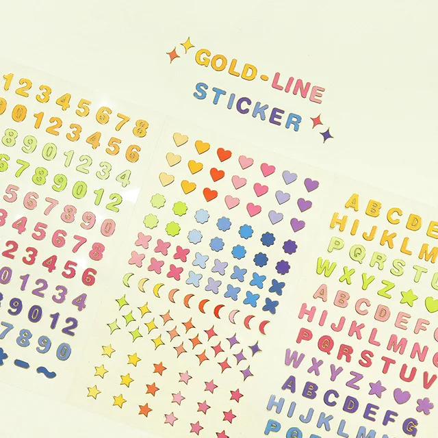 2 Sheets /Pack Gold Line Arabic Numbers and Letters Heart Stars Decorative Stickers Stick Mark
2 Sheets /Pack Gold Line Arabic Numbers and Letters Heart Stars Decorative Stickers Stick Mark
