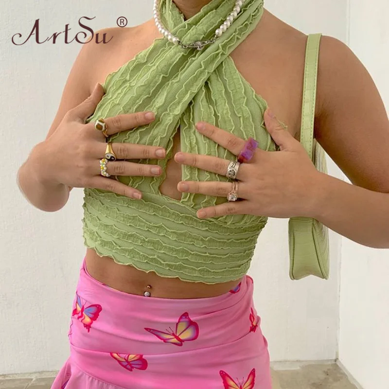 Арцу Chic Ruched сексуальный крест-накрест с лямкой на шее укороченный Топ для женщин