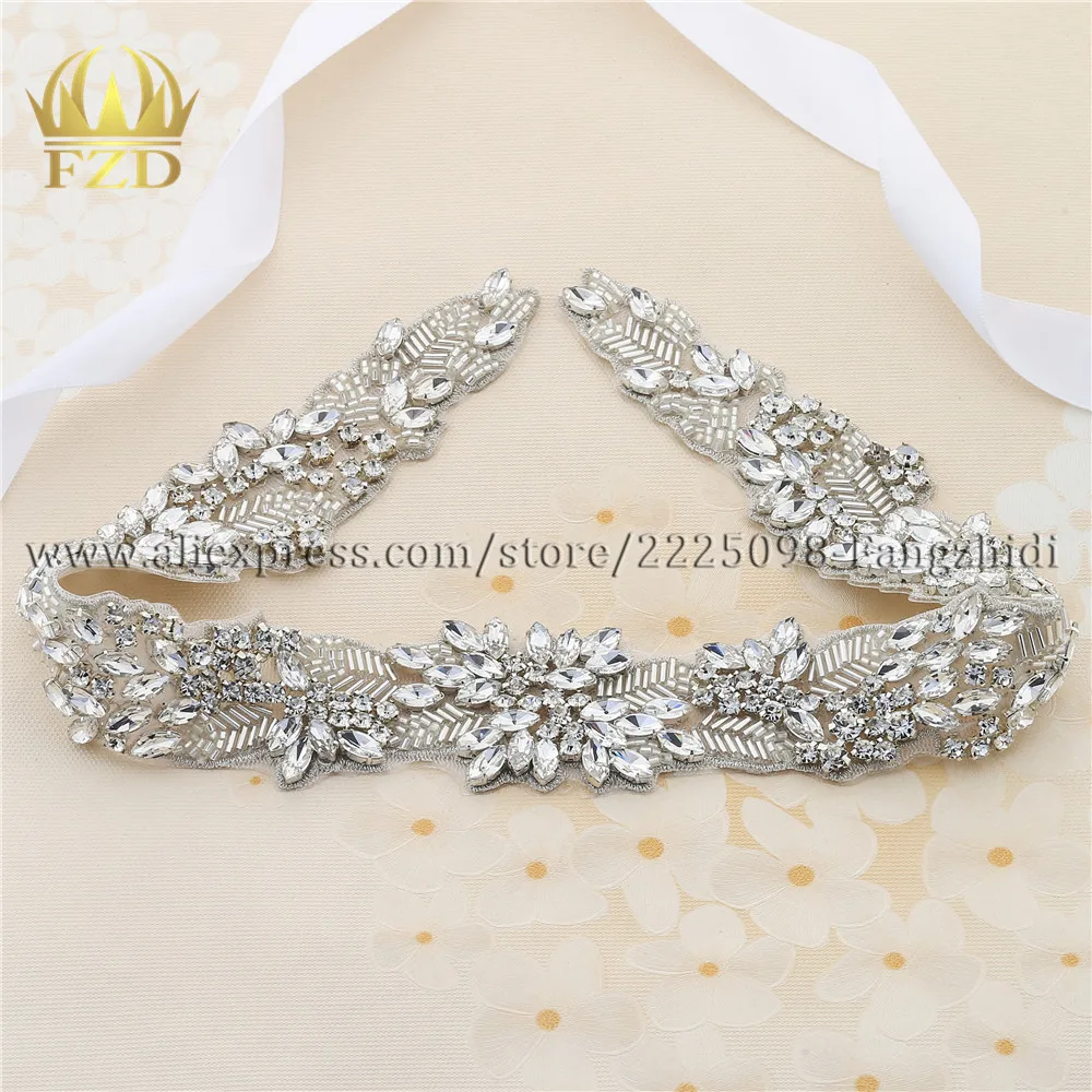 

FZD 1 Piece Handmade Hot Fix Crystal Sew On Bridal Sliver Rhinestone Crystal Applique for Wedding Sash and Belt Decor