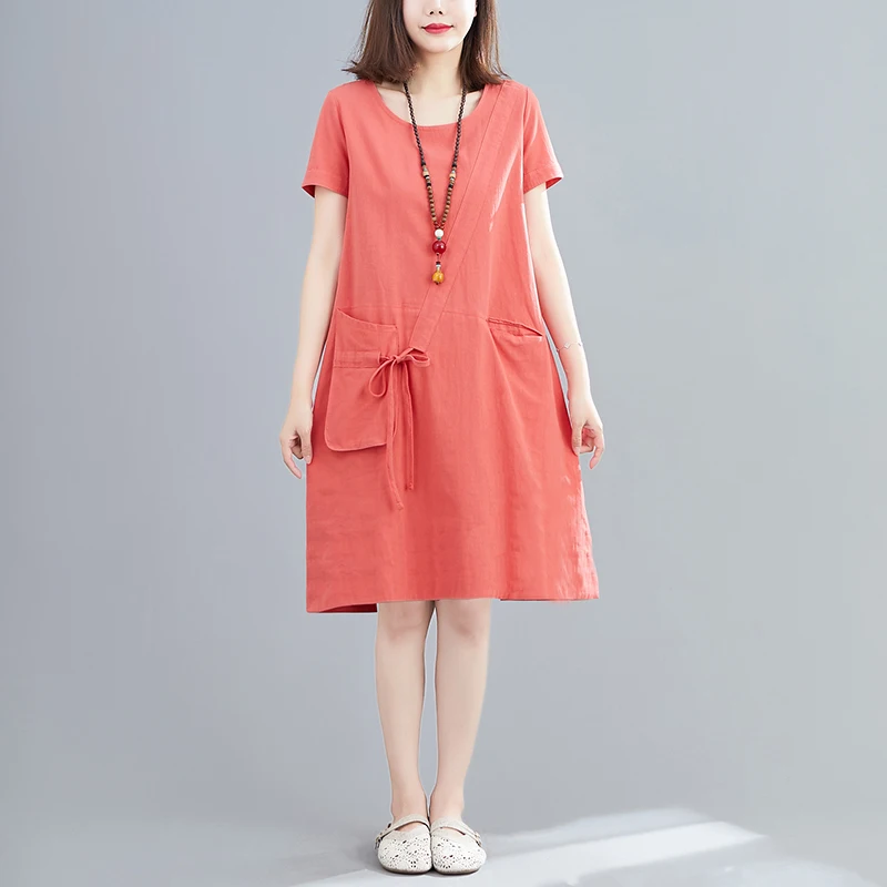 Summer O-neck Loose Short Sleeve Knee Length Dress Women Casual Chic Pocket Female Dresses Cotton And Linen Clothes Lady
Summer O-neck Loose Short Sleeve Knee Length Dress Women Casual Chic Pocket Female Dresses Cotton And Linen Clothes Lady
