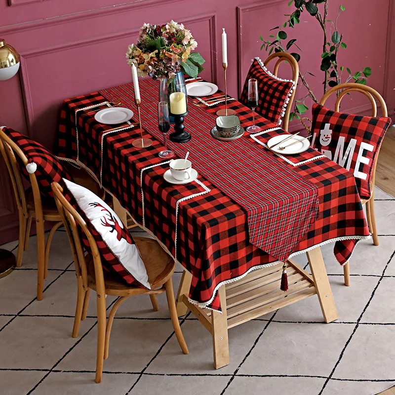 Современная прямоугольная скатерть с принтом решетки, скатерть из полиэстера и льна, моющаяся скатерть для чайного столика на Рождество, ск...