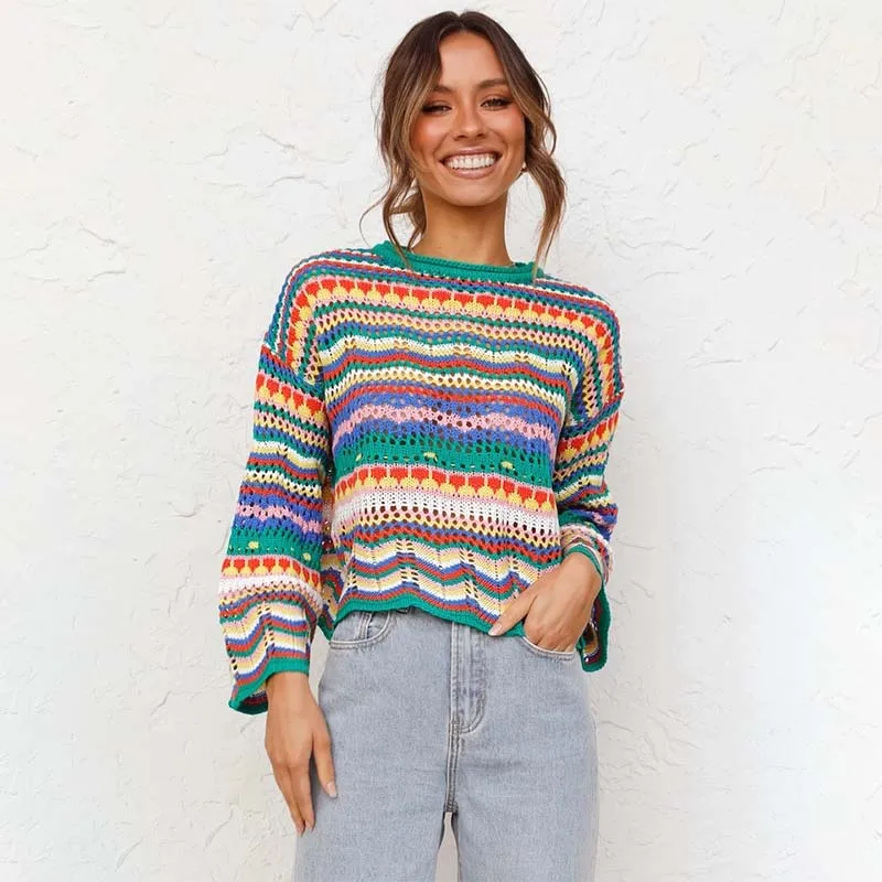 Print Knitted Sweater Women Elegant Rainbow Striped Oversized Pullovers Swearters Casual Woman Loose Streetwear Cropped Sweater 
Print Knitted Sweater Women Elegant Rainbow Striped Oversized Pullovers Swearters Casual Woman Loose Streetwear Cropped Sweater