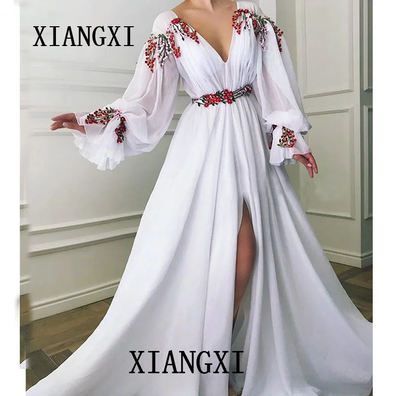 TaoHill Occasion Spéciale robes de soirée Blanc En Mousseline de Soie V-cou-parole Longueur Volants A-ligne Manches Longues Robe 
TaoHill Occasion Spéciale robes de soirée Blanc En Mousseline de Soie V-cou-parole Longueur Volants A-ligne Manches Longues Robe