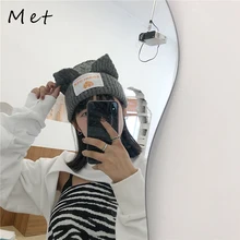 W15 Womens Hat Bubble Hat Pig Ears Cute Patch Ears Woolen Hat Womens Autumn And Winter Thickened Curled Knitted Hat Cold Hat