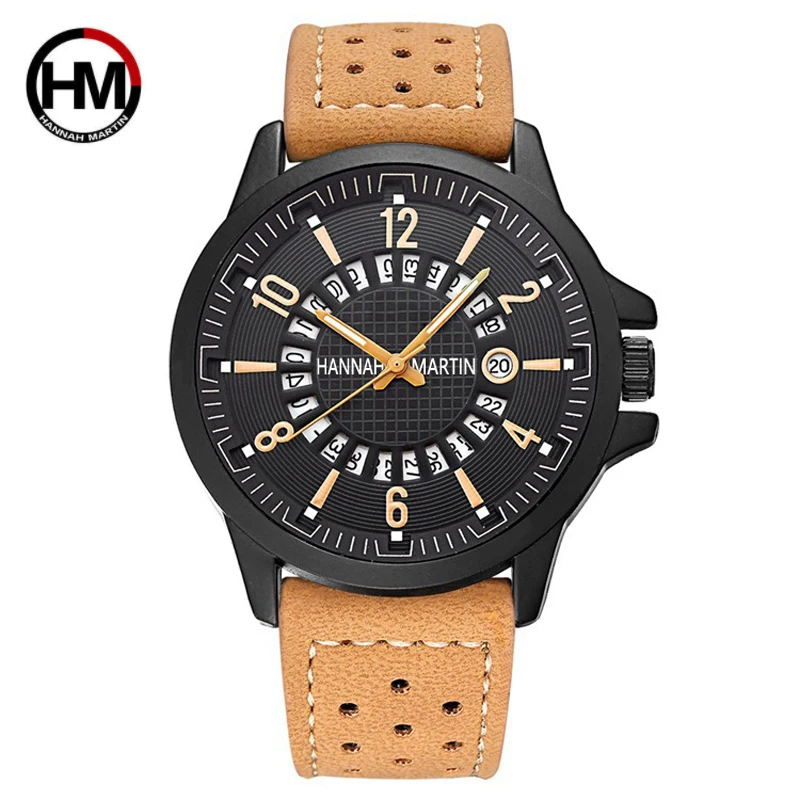 

Hannah Martin Men's Watch Fashion Leisure Calendar Shows Leather Strap Quartz Waterproof Sports Men Wristwat relogio masculino