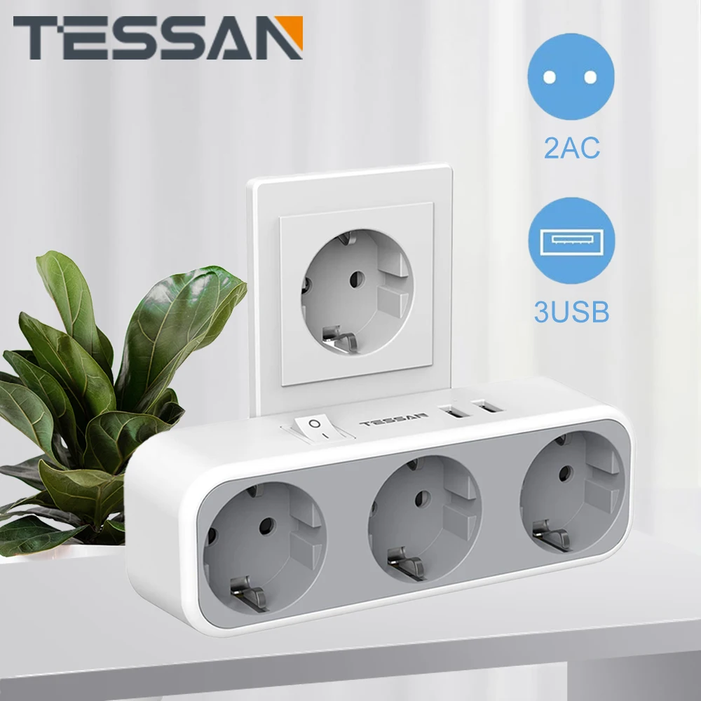 TESSAN 5 in 1 Wall Socket Adapter with Switch, 3 AC Outlets and 2 USB Ports (2.4A), EU Socket Power Strip for Smartphone, Tablet
TESSAN 5 in 1 Wall Socket Adapter with Switch, 3 AC Outlets and 2 USB Ports (2.4A), EU Socket Power Strip for Smartphone, Tablet