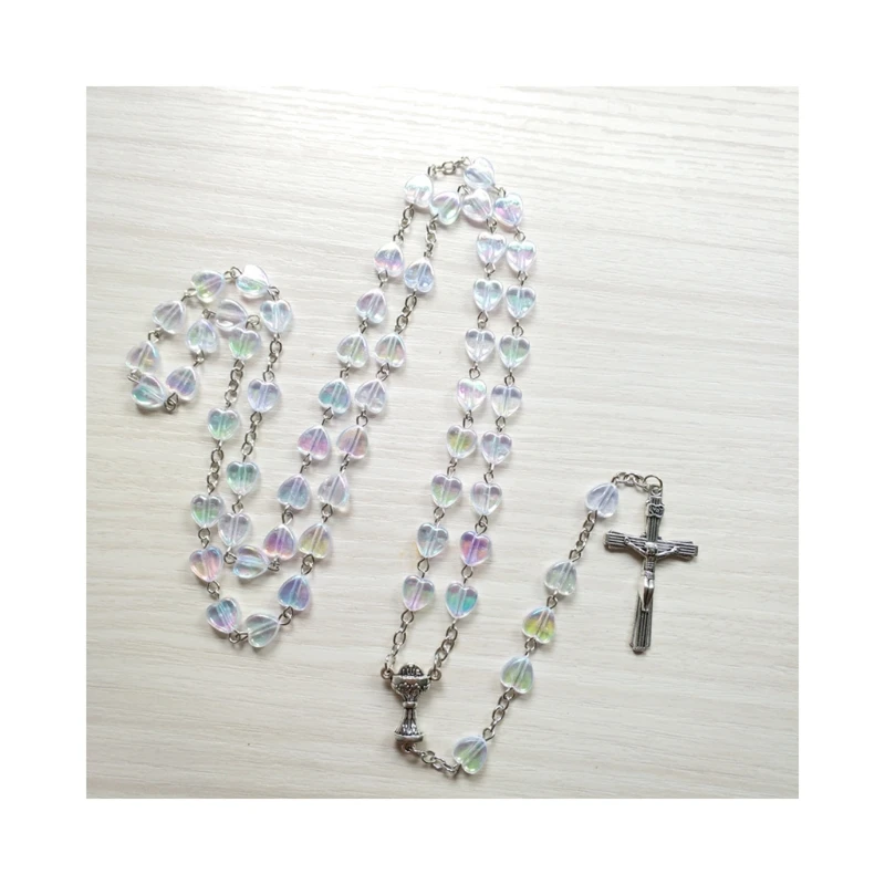 

QX2E Catholic Prayer Rosary Necklace Cross Pendant Necklaces Heart Shaped Beads Long Chain Women Fashion Jewelry