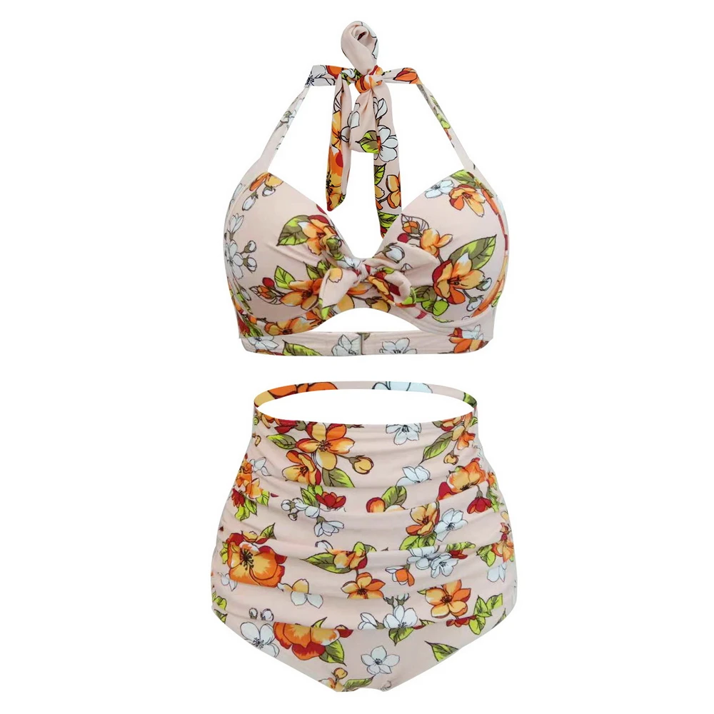 Women Swimsuits Floral Print Pink Bikinis High Waisted Bottom Pleated Plus Size Two-piece Swimwear Bow Bikini Sets Wholesale | Спорт и