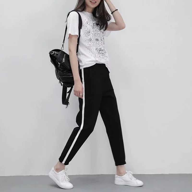 

GAOKE Autumn Harem Pants New Casual Long Trousers For Women Black Side Striped Thin Ankle-Length Pants Female Pencil Pant