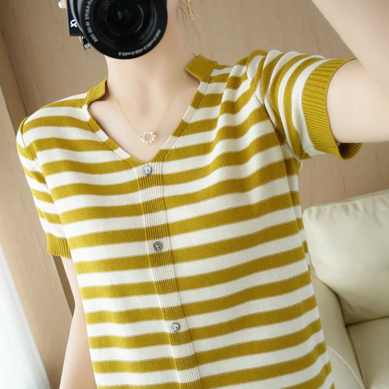 Summer new style ladies short-sleeved 100% cotton knitted T-shirt striped regular short-sleeved women's loose plus size blouse
Summer new style ladies short-sleeved 100% cotton knitted T-shirt striped regular short-sleeved women's loose plus size blouse