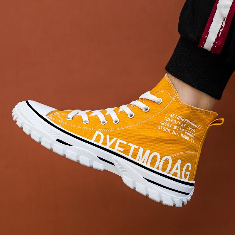 2021 Men Canvas Shoes Sneakers High Top Man Espadrilles Breathable Yellow Letter Printed Flat Skateboard Shoes for Male zapatos
2021 Men Canvas Shoes Sneakers High Top Man Espadrilles Breathable Yellow Letter Printed Flat Skateboard Shoes for Male zapatos