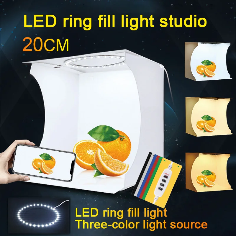 20cm Mini Foldable Photo Studio Box Photography Lightbox Studio Shooting Tent kit with LED Ring & 6 Color Backdrops 
20cm Mini Foldable Photo Studio Box Photography Lightbox Studio Shooting Tent kit with LED Ring & 6 Color Backdrops