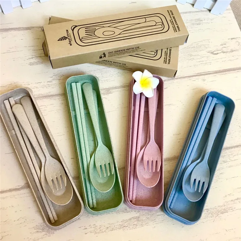 

3pcs/Set Travel Cutler Portable Cutlery Box Kids Children Dinnerware Sets Chopsticks Fork Spoon Travel Cutlery Kitchen Tableware