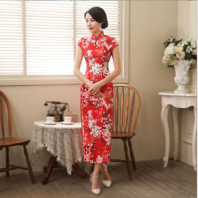 

Women's long red cheongsam improved Chinese style costumes evening dress printed bride Chi-pao with vents