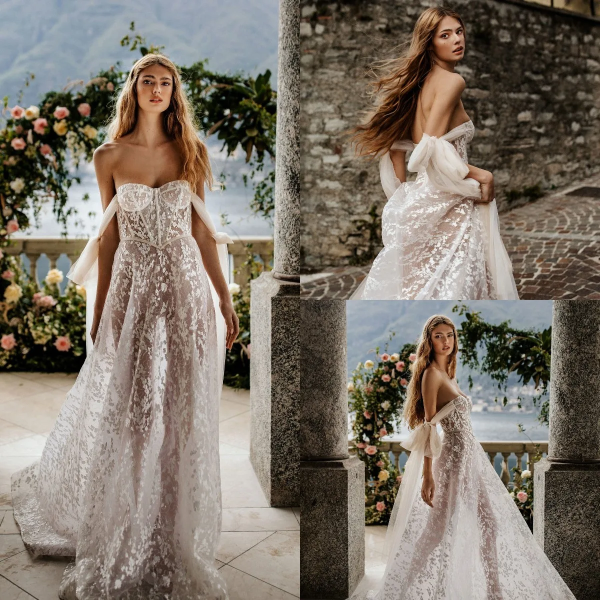 

Bohemian 2022 A Line Wedding Dresses Lace Appliqued Sequined Off The Shoulder Bridal Gowns Country Boho vestidos de novia