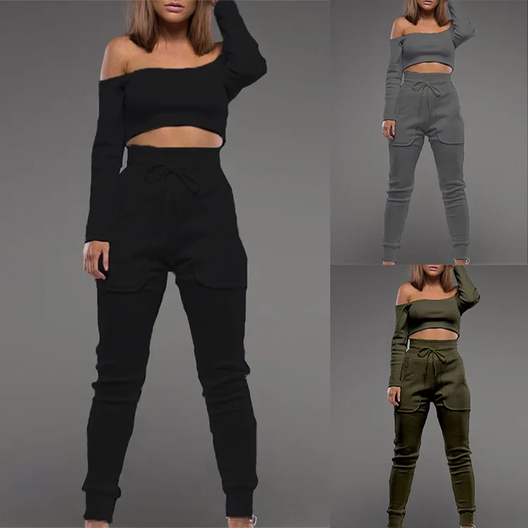 2019 New Style Women's Clothing off-the-Shoulder Shoulder Short Long-Sleeved Upper Garment + Trousers Sports Leisure Suit
2019 New Style Women's Clothing off-the-Shoulder Shoulder Short Long-Sleeved Upper Garment + Trousers Sports Leisure Suit