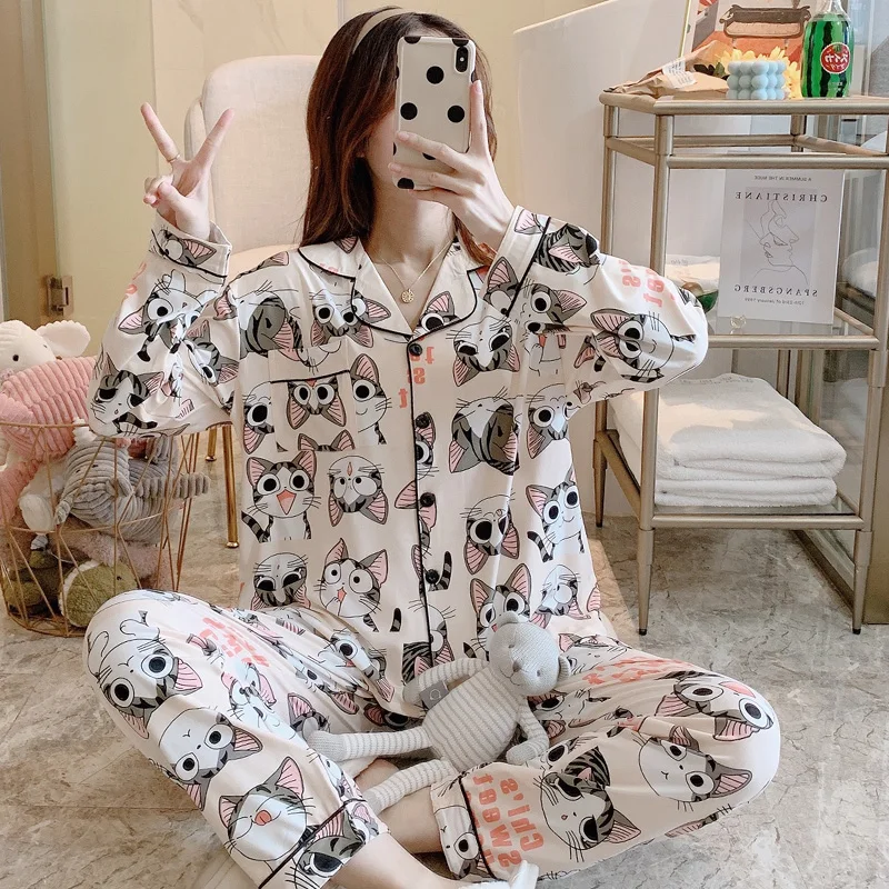 Cute Cat Cartoon Print Pajama Sets For Women Cotton Long Sleeve Sleepwear Turn-down Collar Pyjama Female Mujer Homewear
Cute Cat Cartoon Print Pajama Sets For Women Cotton Long Sleeve Sleepwear Turn-down Collar Pyjama Female Mujer Homewear