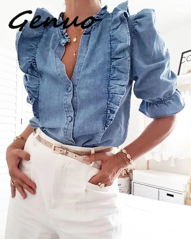 

Genuo New 2019 Women Solid Color Ruffles Puffed Sleeve Blouse Tops Fashion Ladies V-neck Autumn Casual Blouse