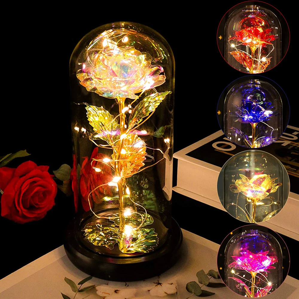 

Artificial Eternal Rose LED Light Beauty The Beast In Glass Gold Foil Flower Valentine's Day Gift Enchanted Rose Fairy Lights