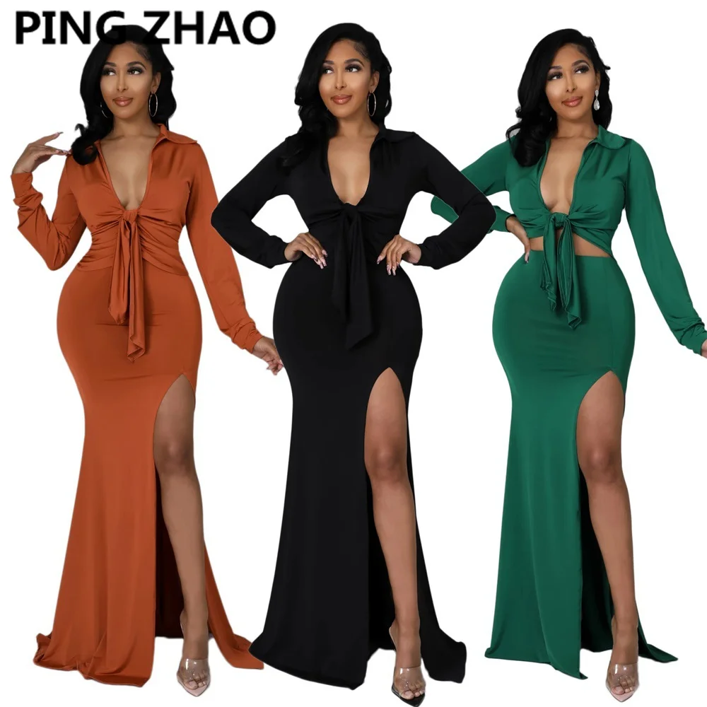 Женский комплект из двух предметов PING ZHAO, укороченный Топ с длинным рукавом и V-образным вырезом, бандажный комплект с юбкой-макси с разрезом... 
Женский комплект из двух предметов PING ZHAO, укороченный Топ с длинным рукавом и V-образным вырезом, бандажный комплект с юбкой-макси с разрезом...