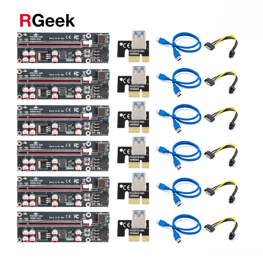 RGEEK 6pcs VER009S Plus PCI-E Riser Card 009S PCI Express PCIE 1X to 16X Extender 0.6M USB 3.0 Cable 6Pin Power for GPU Mining
RGEEK 6pcs VER009S Plus PCI-E Riser Card 009S PCI Express PCIE 1X to 16X Extender 0.6M USB 3.0 Cable 6Pin Power for GPU Mining