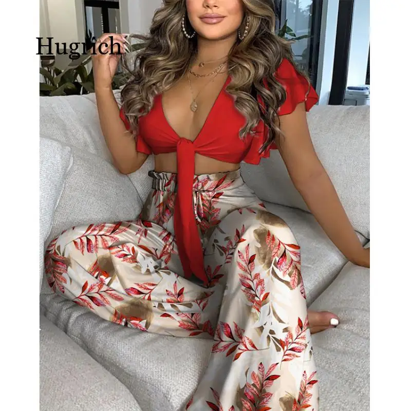 

Pants suit women's 2021 ruffled knotted sexy top and high-waist printed wide-leg pants women's plus size women's two-piece sport