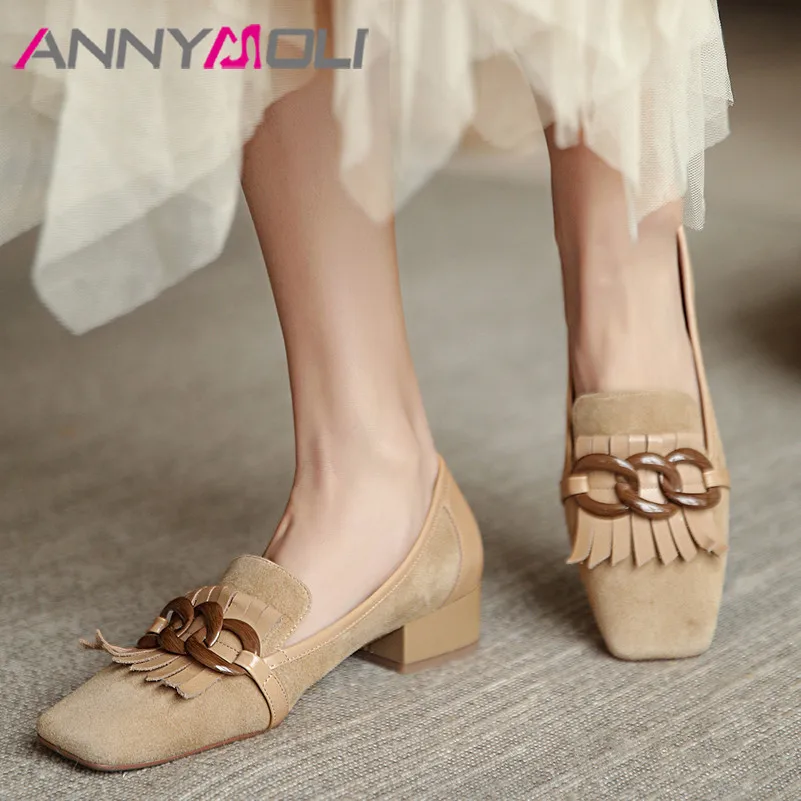 ANNYMOLI Kid Suede Women Shoes Mid Heel Metal Decoration Retro Pumps Square Toe Block Heels Fringe Lady Footwear Black Apricot 
ANNYMOLI Kid Suede Women Shoes Mid Heel Metal Decoration Retro Pumps Square Toe Block Heels Fringe Lady Footwear Black Apricot