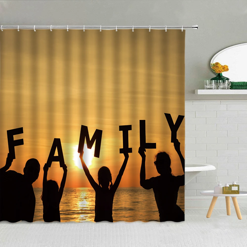 

Sunset Dusk Seaside Scenery Shower Curtains Happy Family Vacation Mother's Day Decoration Waterproof Fabric Hooks Curtain Set