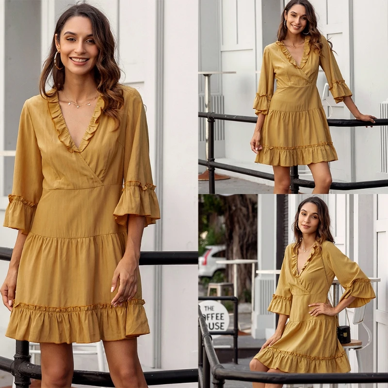 Women 3/4 Sleeves Sexy Deep V Neck Tunic Dress Pullover Party Sundress Autumn Summer Female Solid Color Midi Dress
Women 3/4 Sleeves Sexy Deep V Neck Tunic Dress Pullover Party Sundress Autumn Summer Female Solid Color Midi Dress
