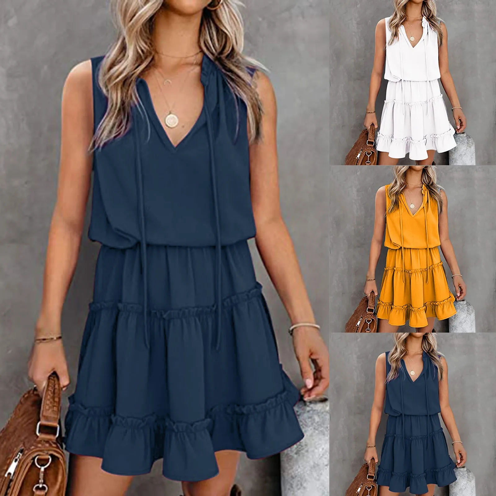 60# Women Dress Summer Plus Size V-neck Fashion Sleeveless Dresses Ladies Casual Pleated Mini Skirt Dress
60# Women Dress Summer Plus Size V-neck Fashion Sleeveless Dresses Ladies Casual Pleated Mini Skirt Dress
