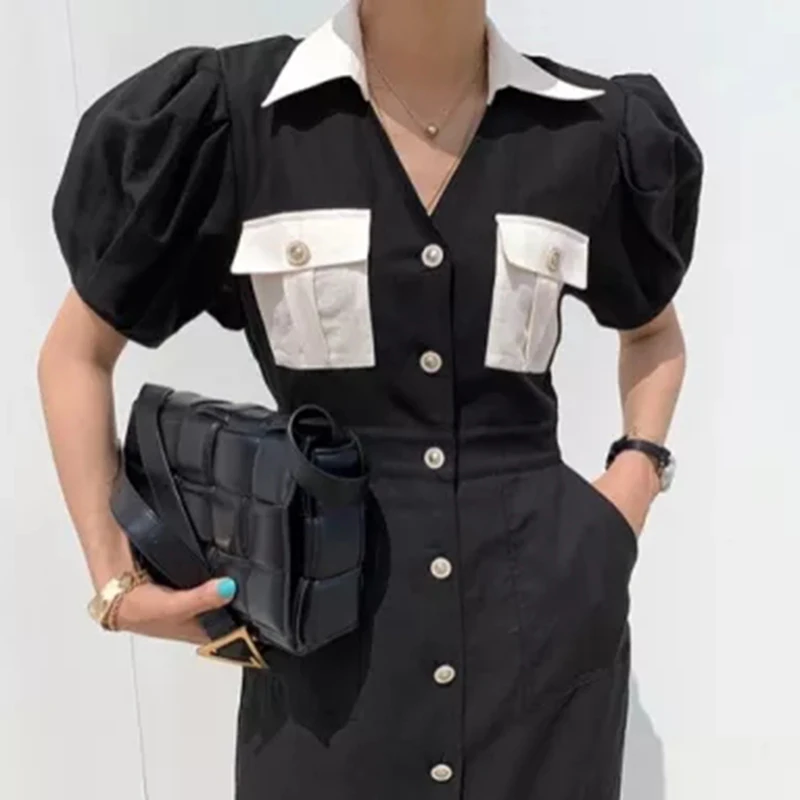GALCAUR Vintage Patchwork Dress For Women Lapel Puff Short Sleeve High Waist Mid Single Breasted Hit Color Dresses Females 2021
GALCAUR Vintage Patchwork Dress For Women Lapel Puff Short Sleeve High Waist Mid Single Breasted Hit Color Dresses Females 2021
