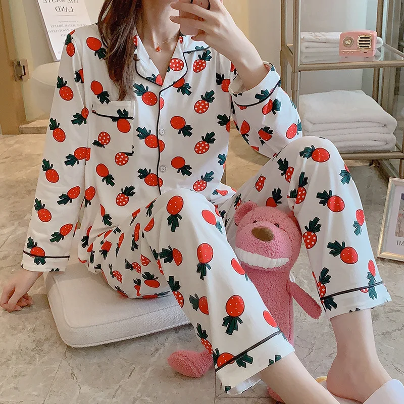 Spring Pink Strawberry Fruit Sleepwear Sets Full Sleeves Turn-down Two Pieces Collar Cotton Pajamas for Women Casual Homewear
Spring Pink Strawberry Fruit Sleepwear Sets Full Sleeves Turn-down Two Pieces Collar Cotton Pajamas for Women Casual Homewear