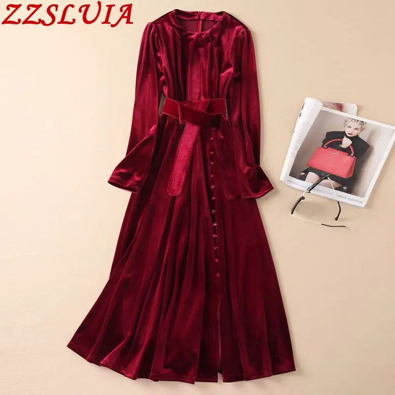 Elegant Velvet Dresses For Women O Neck Long Sleeve Sashes Design Slim Wine Red Slit Long Dress Fashion Female Clothing 
Elegant Velvet Dresses For Women O Neck Long Sleeve Sashes Design Slim Wine Red Slit Long Dress Fashion Female Clothing