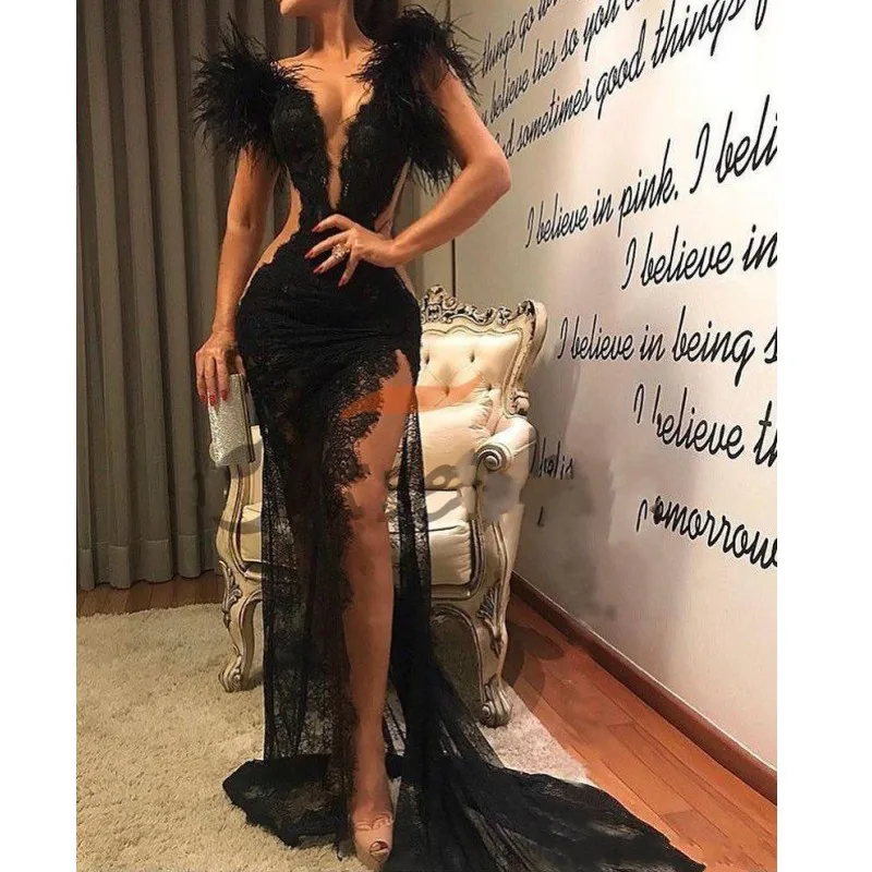 Fashion robe de soiree Black Evening Dresses with Feather Side split Prom Dresses 2020 Full Lace V Neck Party Gowns
Fashion robe de soiree Black Evening Dresses with Feather Side split Prom Dresses 2020 Full Lace V Neck Party Gowns