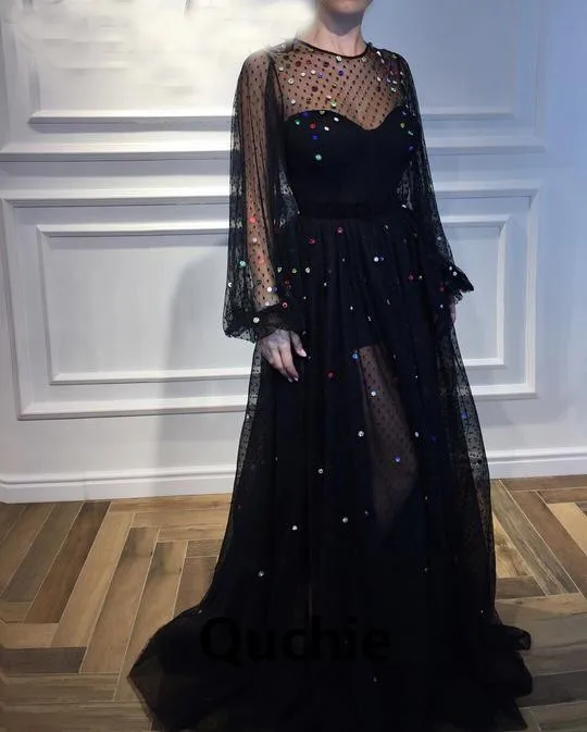 

Black Evening Dresses Puff Sleeves Illusion Lace Beaded Special Occasion robe soiree Islamic Dubai Kaftan Saudi Arabic Prom Gown