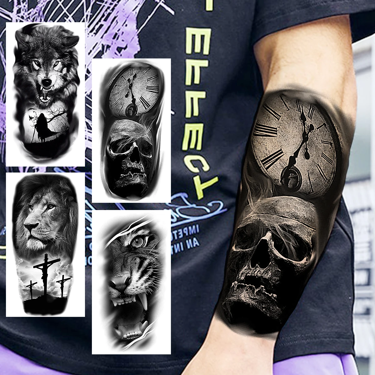 

Black Scary Skull Skeleton Compass Temporary Tattoos For Men Women Realistic Wolf Lion Tiger Fake Tattoo Sticker Forearm Tatoos