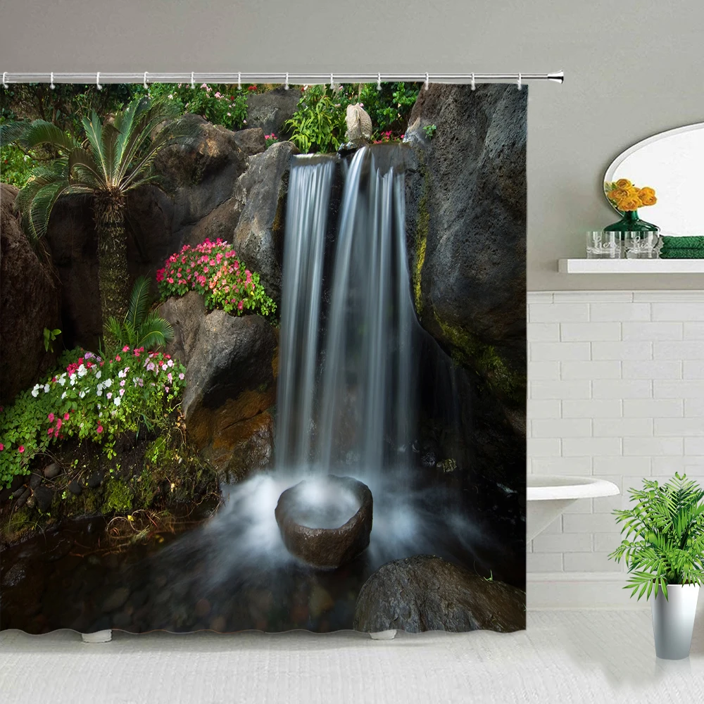 

Natural Scenery Shower Curtains Modern Forest Trees Creek Waterfall Landscape For Bathroom Curtain Garden Background Wall Decor