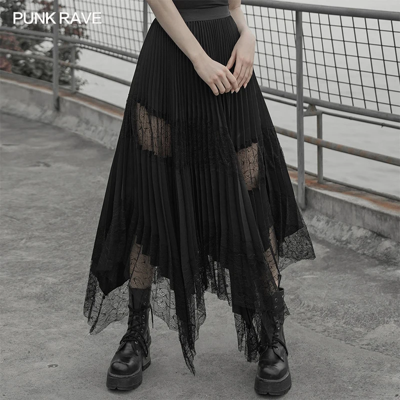 PUNK RAVE Women's Gothic Daily Chiffon Pleated Lace Mid-Calf Skirt Mesh Stitching Asymmetric Sharp Angle Hem Casual Long Skirts
PUNK RAVE Women's Gothic Daily Chiffon Pleated Lace Mid-Calf Skirt Mesh Stitching Asymmetric Sharp Angle Hem Casual Long Skirts