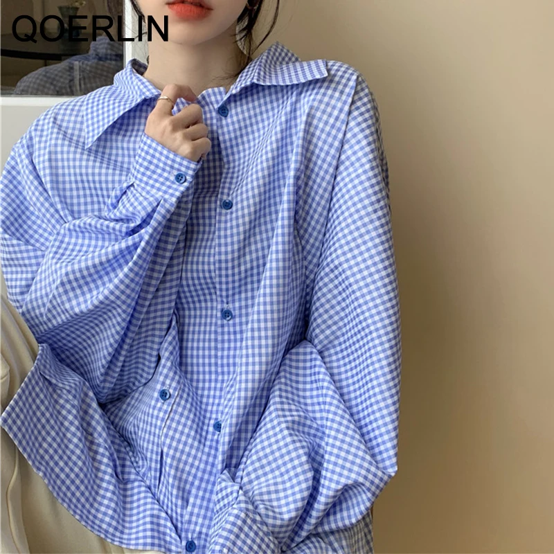 QOERIN Loose Plaid Long Sleeve Shirt Women Turn-Down Collar Fake Button BF Oversize Blouse Female Harajuku Lantern Sleeve Tops
QOERIN Loose Plaid Long Sleeve Shirt Women Turn-Down Collar Fake Button BF Oversize Blouse Female Harajuku Lantern Sleeve Tops