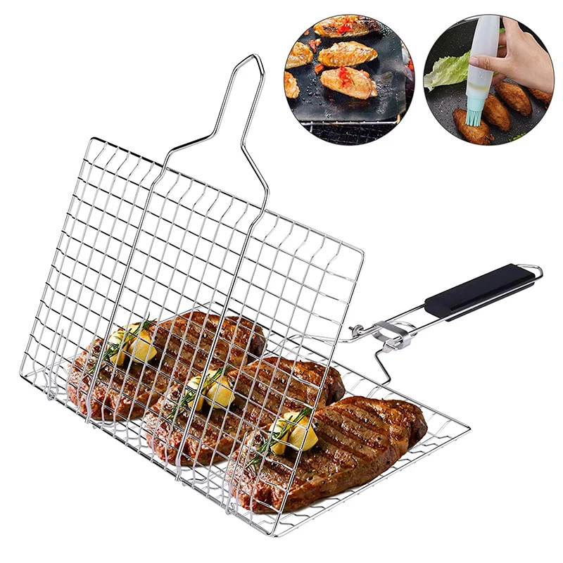 Removable Handle Portable BBQ Grill Basket Stainless Steel Grilling Net with Grill Mat, Sauce Brush and Carrying Pouch
Removable Handle Portable BBQ Grill Basket Stainless Steel Grilling Net with Grill Mat, Sauce Brush and Carrying Pouch