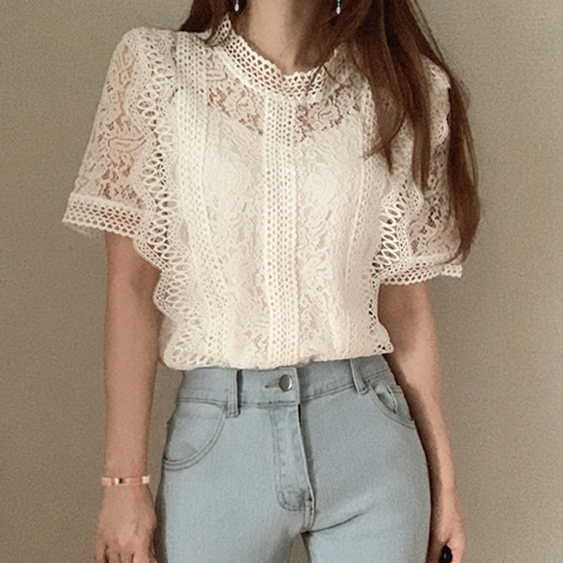 Summer Lace Blouse Women Stand Neck Short Sleeve Patchwork Floral Crochet Hollow Out Shirts Loose Vintage Harajuku 2020 X117
Summer Lace Blouse Women Stand Neck Short Sleeve Patchwork Floral Crochet Hollow Out Shirts Loose Vintage Harajuku 2020 X117