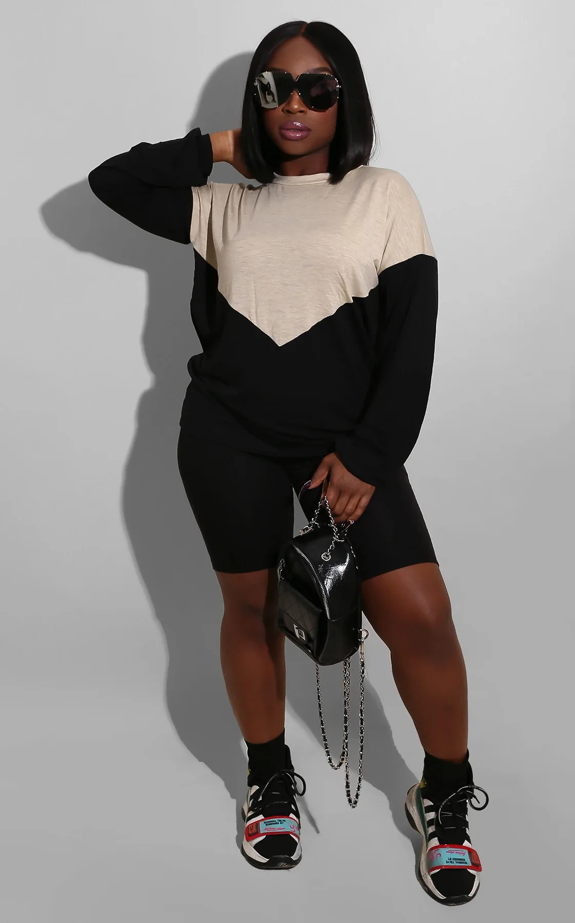 Spring Summer Spliced Colors Women Casual Outfits Sexy Lady Long Sleeves Contrast Colors Two Pieces T Shirt + Shorts Daily 
Spring Summer Spliced Colors Women Casual Outfits Sexy Lady Long Sleeves Contrast Colors Two Pieces T Shirt + Shorts Daily