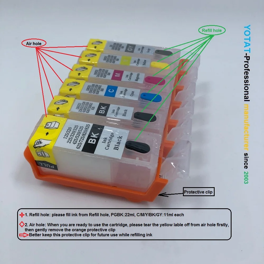 YOTAT Full ink Refillable ink cartridge PGI-225 CLI-226 for Canon PIXMA IP4820 MG5120 MG5220 MG6120 printer 
YOTAT Full ink Refillable ink cartridge PGI-225 CLI-226 for Canon PIXMA IP4820 MG5120 MG5220 MG6120 printer