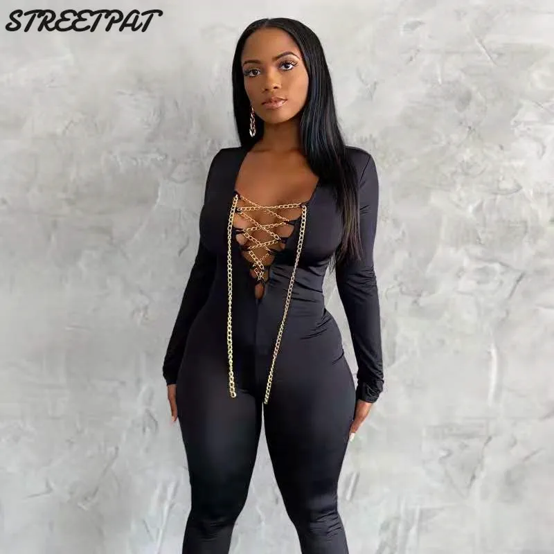 Fitness Jumpsuit Women Sexy Bodycon Chain Lace Up Long Sleeve Romper Elasticity Playsuit Streetwear Jumpsuits Body Femme 2021
Fitness Jumpsuit Women Sexy Bodycon Chain Lace Up Long Sleeve Romper Elasticity Playsuit Streetwear Jumpsuits Body Femme 2021