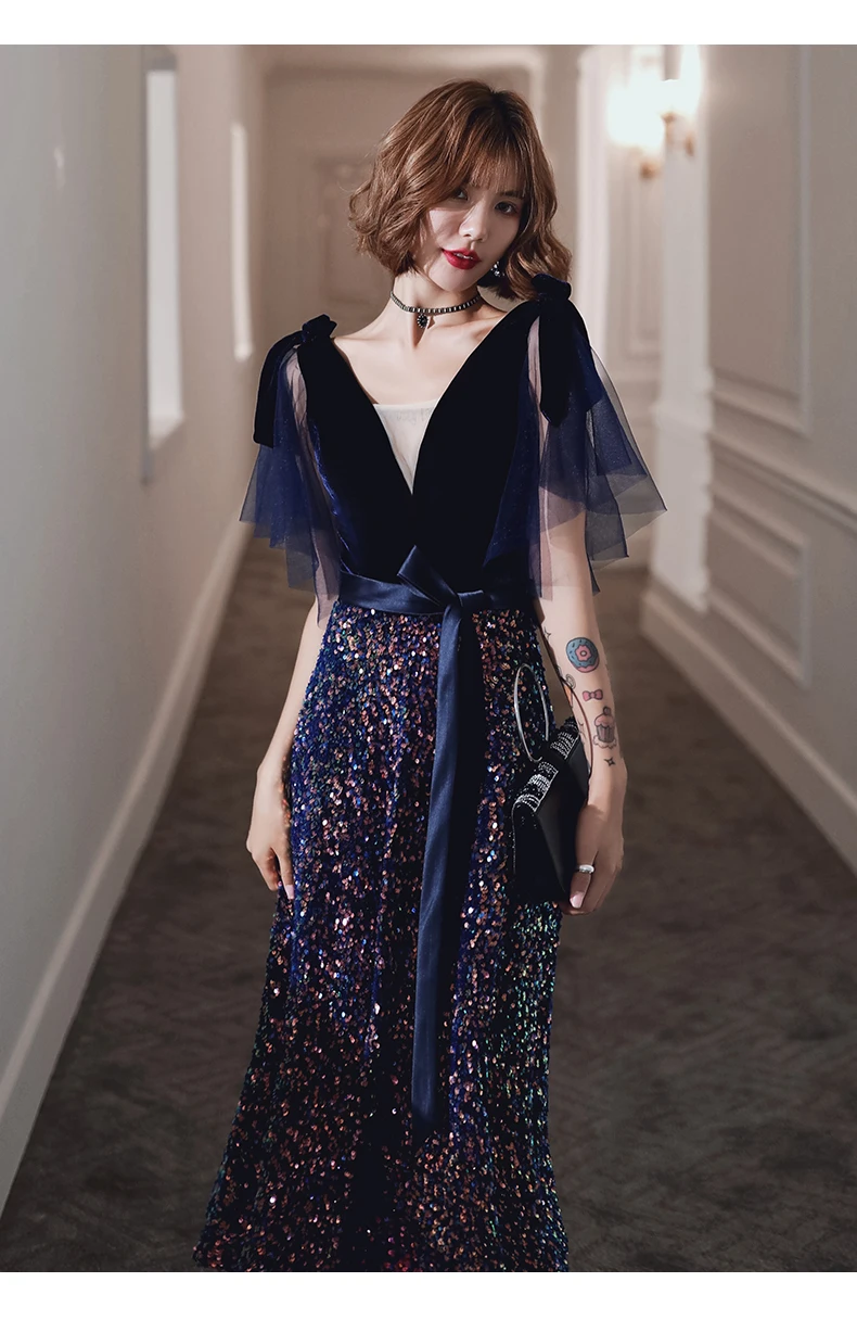 Charming Velvet Sequins Evening Gown Unique Tulle Sleeves V Neck Long Prom Dress Custom Made
Charming Velvet Sequins Evening Gown Unique Tulle Sleeves V Neck Long Prom Dress Custom Made
