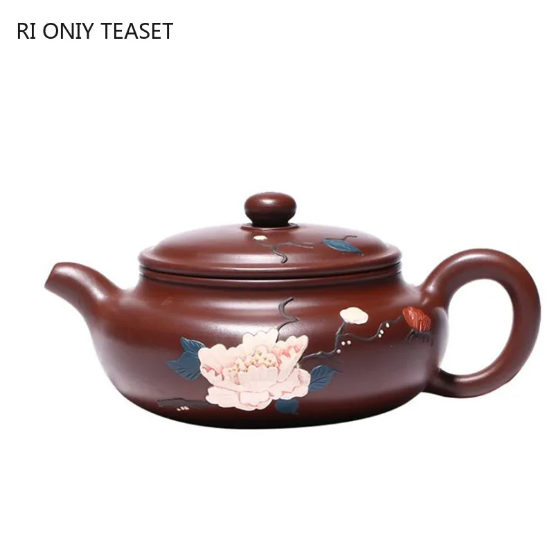 

Китайские чайные горшки из исинской фиолетовой глины, 180 мл, чайный горшок ручной работы с цветочным узором, чайник из необработанной руды, ч...