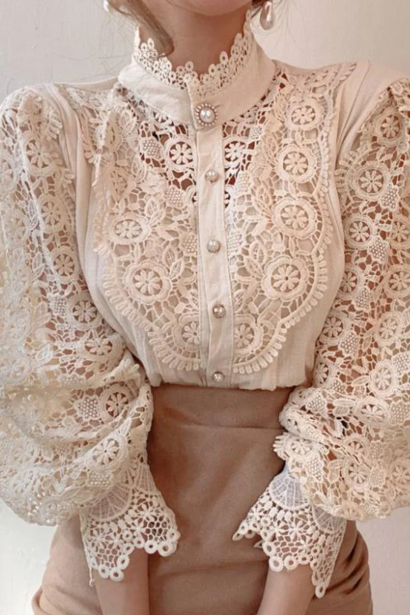 Petal Sleeve Stand Collar Hollow Out Flower Lace Patchwork Shirt Femme Blusas All-match Women Blouse Chic Button White Top
Petal Sleeve Stand Collar Hollow Out Flower Lace Patchwork Shirt Femme Blusas All-match Women Blouse Chic Button White Top