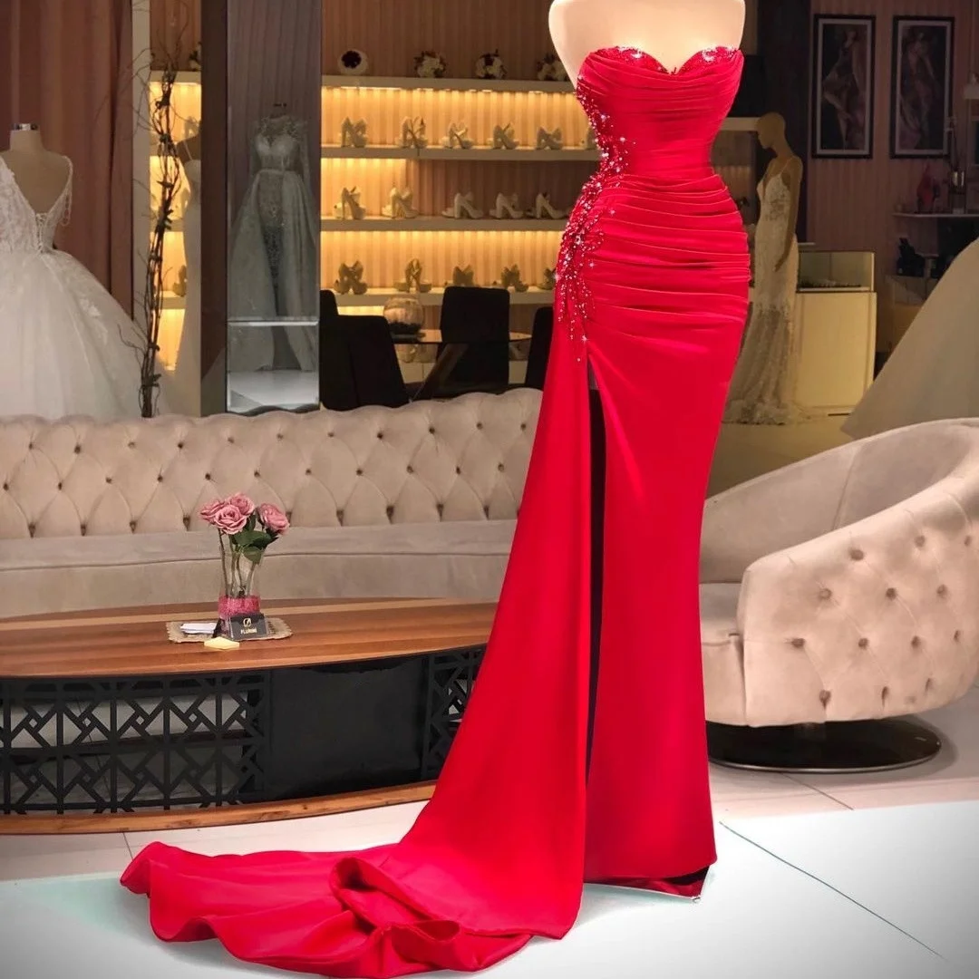 2022 Red Mermaid Evening Dress Sweetheart Pleat Beading Prom Gowns Side Split Runway Slim Fashion Second Reception Dresses
2022 Red Mermaid Evening Dress Sweetheart Pleat Beading Prom Gowns Side Split Runway Slim Fashion Second Reception Dresses
