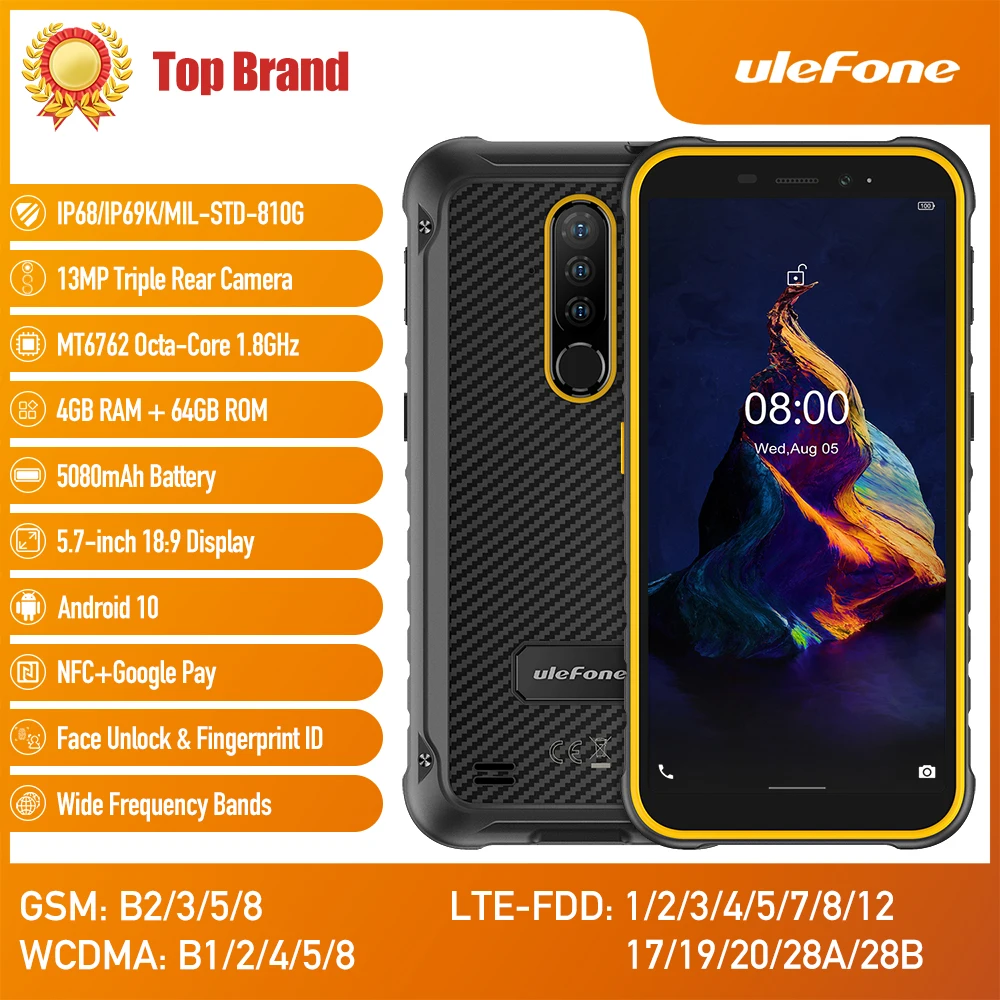NFC 4G LTE прочный для мобильного телефона водонепроницаемый смартфон Android 10 5,7-дюймовый сотовый телефон 4 Гб 64 Гб ip68 Восьмиядерный Ulefone Armor X8
NFC 4G LTE прочный для мобильного телефона водонепроницаемый смартфон Android 10 5,7-дюймовый сотовый телефон 4 Гб 64 Гб ip68 Восьмиядерный Ulefone Armor X8